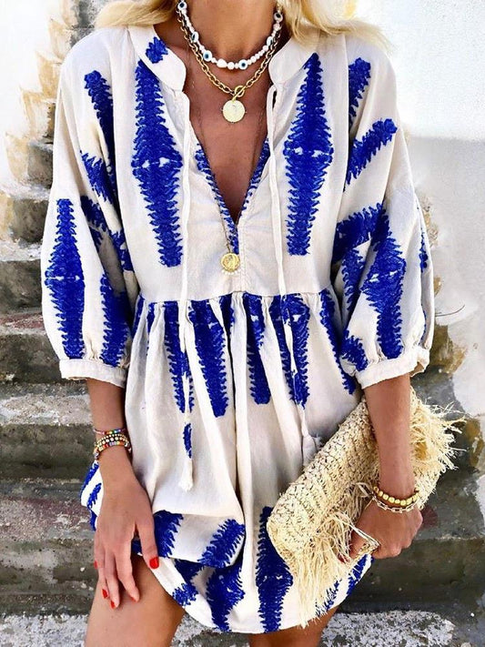 Loose Printed Long Sleeve Retro Dress - Mini Dresses - INS | Online Fashion Free Shipping Clothing, Dresses, Tops, Shoes - 19/06/2021 - 30-40 - Category_Mini Dresses