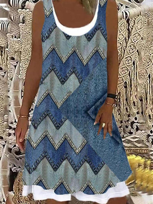 Loose Printed Sleeveless Round Neck Dresses - Mini Dresses - INS | Online Fashion Free Shipping Clothing, Dresses, Tops, Shoes - 10/06/2021 - Color_Black - Color_Blue