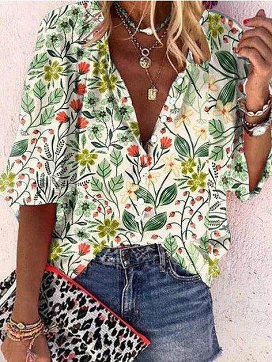 Loose Printed V-neck Shirt - Blouses - INS | Online Fashion Free Shipping Clothing, Dresses, Tops, Shoes - 03/06/2021 - BLO2106030006 - Blouses