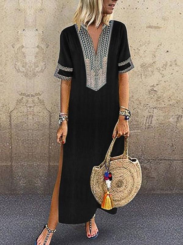 Loose Printed V-Neck Short Sleeve Dress - Maxi Dresses - INS | Online Fashion Free Shipping Clothing, Dresses, Tops, Shoes - 08/07/2021 - 20-30 - Category_Maxi Dresses