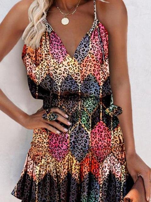 Loose Printed V-neck Sleeveless Sling Dress - Mini Dresses - INS | Online Fashion Free Shipping Clothing, Dresses, Tops, Shoes - 04/06/2021 - Color_Red - DRE2106040037