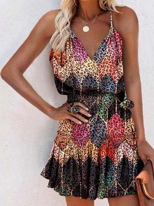 Loose Printed V-neck Sleeveless Sling Dress - Mini Dresses - INS | Online Fashion Free Shipping Clothing, Dresses, Tops, Shoes - 04/06/2021 - Color_Red - DRE2106040037