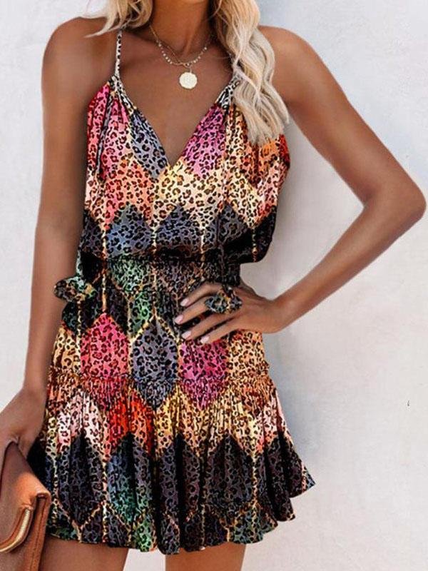 Loose Printed V-neck Sleeveless Sling Dress - Mini Dresses - INS | Online Fashion Free Shipping Clothing, Dresses, Tops, Shoes - 04/06/2021 - Color_Red - DRE2106040037