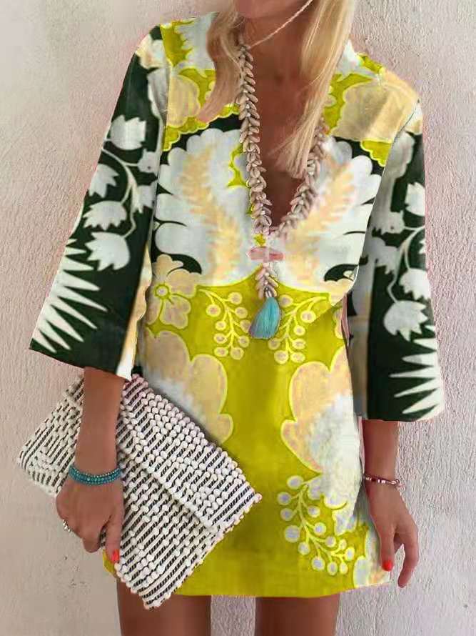 Loose Pullover 3/4 Sleeve V-neck Dress - Mini Dresses - INS | Online Fashion Free Shipping Clothing, Dresses, Tops, Shoes - 11/06/2021 - Color_Green - Color_Pink