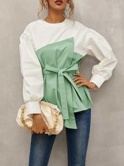 Loose Pullover Lantern Sleeve Shirt With Belt - Blouses - INS | Online Fashion Free Shipping Clothing, Dresses, Tops, Shoes - 09/07/2021 - 20-30 - BLO2107091182