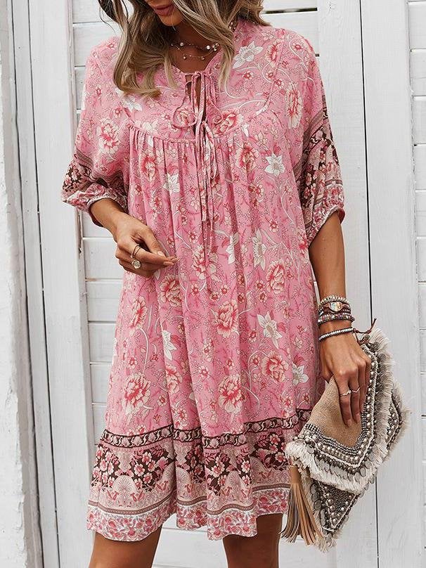 Loose Retro Floral Print Tie Dress - Mini Dresses - INS | Online Fashion Free Shipping Clothing, Dresses, Tops, Shoes - 22/05/2021 - Color_Blue - Color_Dark Blue