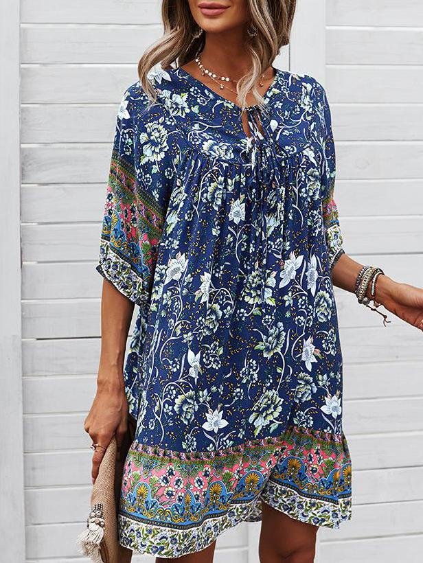Loose Retro Floral Print Tie Dress - Mini Dresses - INS | Online Fashion Free Shipping Clothing, Dresses, Tops, Shoes - 22/05/2021 - Color_Blue - Color_Dark Blue