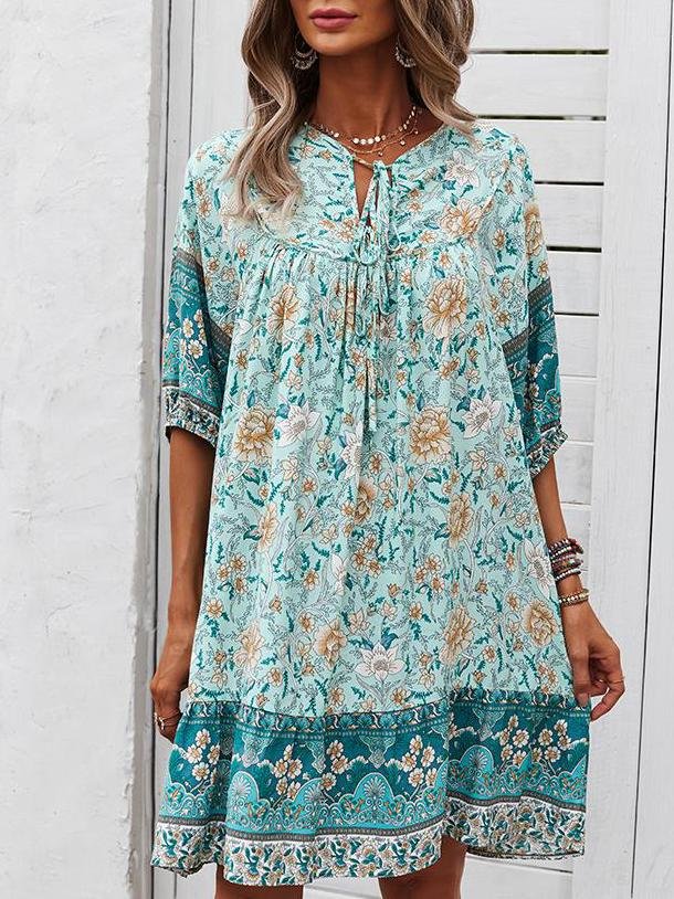 Loose Retro Floral Print Tie Dress - Mini Dresses - INS | Online Fashion Free Shipping Clothing, Dresses, Tops, Shoes - 22/05/2021 - Color_Blue - Color_Dark Blue
