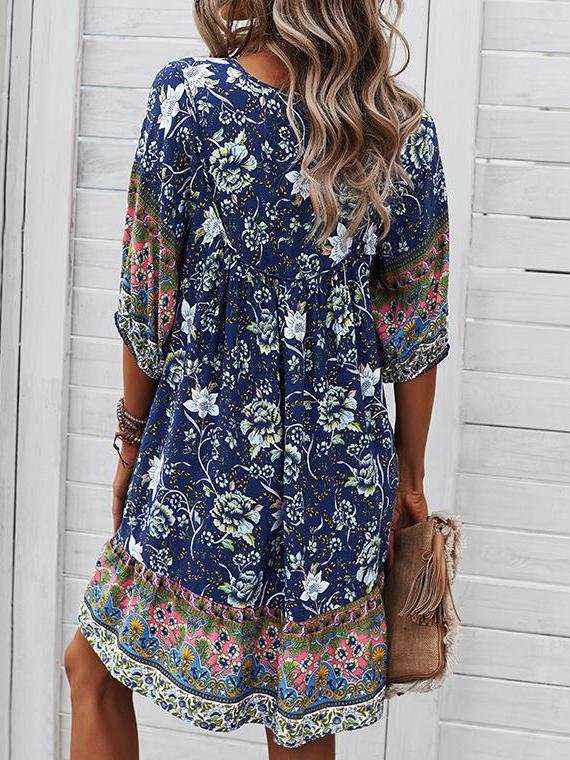 Loose Retro Floral Print Tie Dress - Mini Dresses - INS | Online Fashion Free Shipping Clothing, Dresses, Tops, Shoes - 22/05/2021 - Color_Blue - Color_Dark Blue
