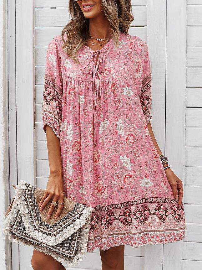 Loose Retro Floral Print Tie Dress - Mini Dresses - INS | Online Fashion Free Shipping Clothing, Dresses, Tops, Shoes - 22/05/2021 - Color_Blue - Color_Dark Blue
