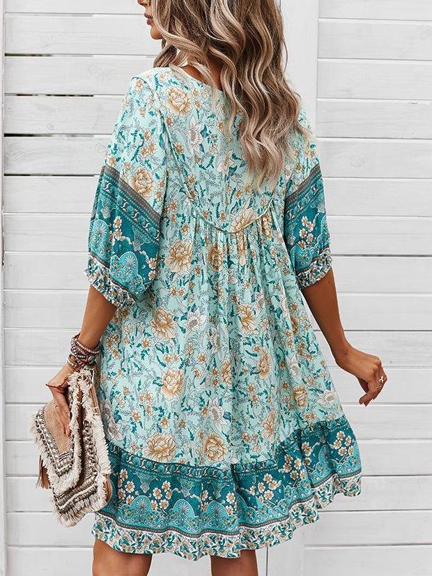Loose Retro Floral Print Tie Dress - Mini Dresses - INS | Online Fashion Free Shipping Clothing, Dresses, Tops, Shoes - 22/05/2021 - Color_Blue - Color_Dark Blue