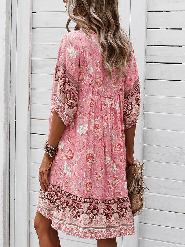 Loose Retro Floral Print Tie Dress - Mini Dresses - INS | Online Fashion Free Shipping Clothing, Dresses, Tops, Shoes - 22/05/2021 - Color_Blue - Color_Dark Blue
