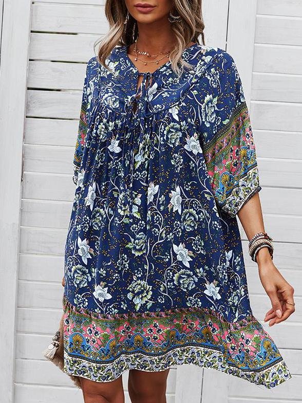 Loose Retro Floral Print Tie Dress - Mini Dresses - INS | Online Fashion Free Shipping Clothing, Dresses, Tops, Shoes - 22/05/2021 - Color_Blue - Color_Dark Blue
