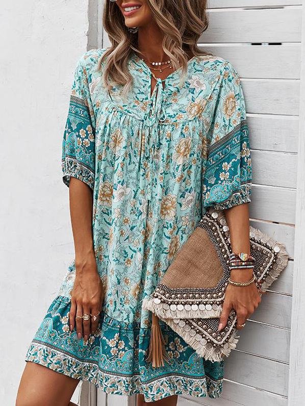Loose Retro Floral Print Tie Dress - Mini Dresses - INS | Online Fashion Free Shipping Clothing, Dresses, Tops, Shoes - 22/05/2021 - Color_Blue - Color_Dark Blue