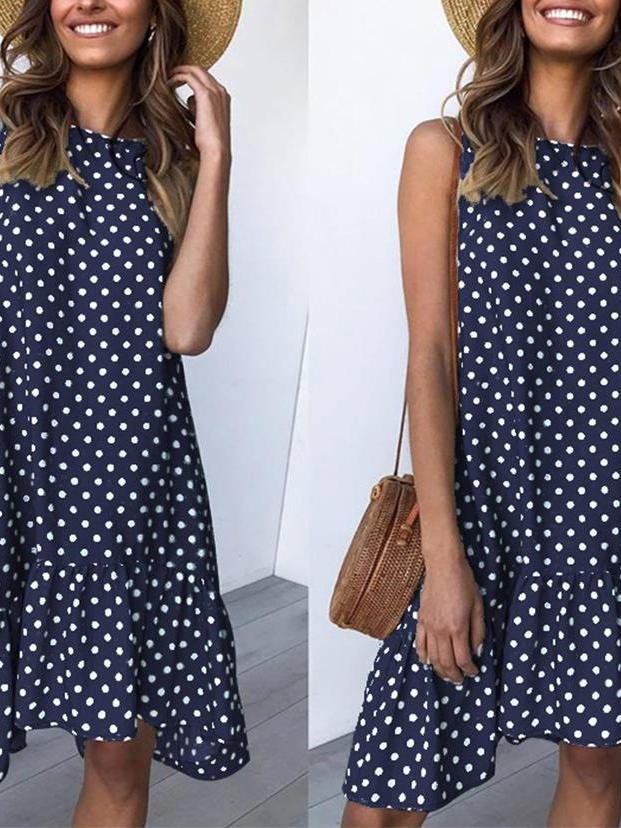 Loose Round Neck Sleeveless Polka Dot Ruffle Dress - Mini Dresses - INS | Online Fashion Free Shipping Clothing, Dresses, Tops, Shoes - 31/05/2021 - Color_Blue - Color_Gray