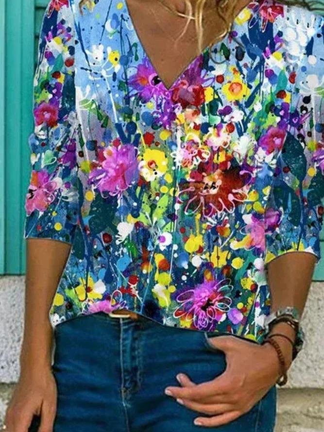 Loose Short Sleeve V-Neck Bohemian T-Shirt - T-Shirts - INS | Online Fashion Free Shipping Clothing, Dresses, Tops, Shoes - 20-30 - 25/06/2021 - Category_T-Shirts