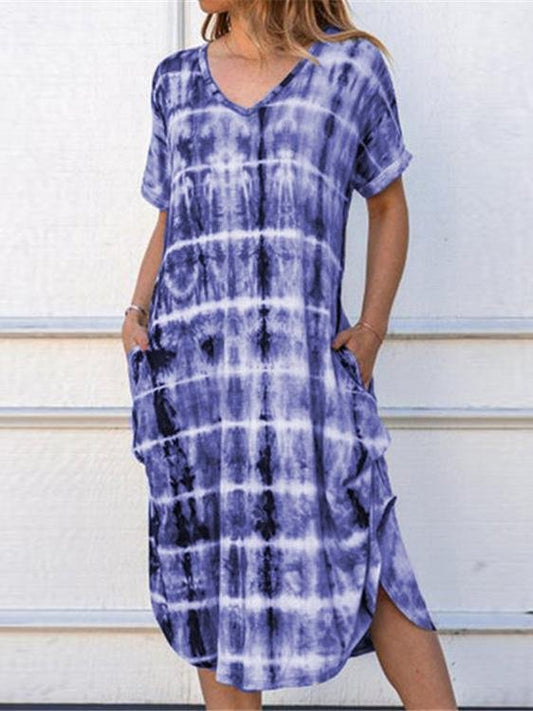 Loose Short Sleeve V-neck Print Mini Dresses - Midi Dresses - INS | Online Fashion Free Shipping Clothing, Dresses, Tops, Shoes - 07/06/2021 - Color_Blue - Color_Gray