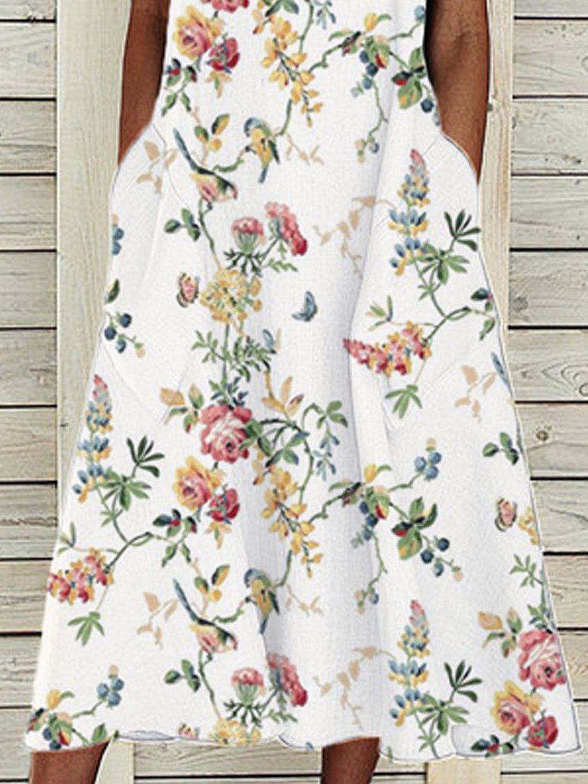 Loose Sleeveless Pocket Round Neck Print Dress - Midi Dresses - INS | Online Fashion Free Shipping Clothing, Dresses, Tops, Shoes - 08/06/2021 - Color_White - DRE2106080196