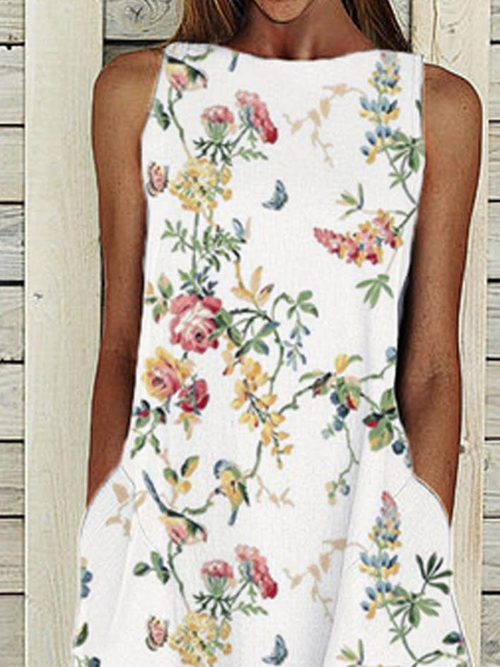 Loose Sleeveless Pocket Round Neck Print Dress - Midi Dresses - INS | Online Fashion Free Shipping Clothing, Dresses, Tops, Shoes - 08/06/2021 - Color_White - DRE2106080196