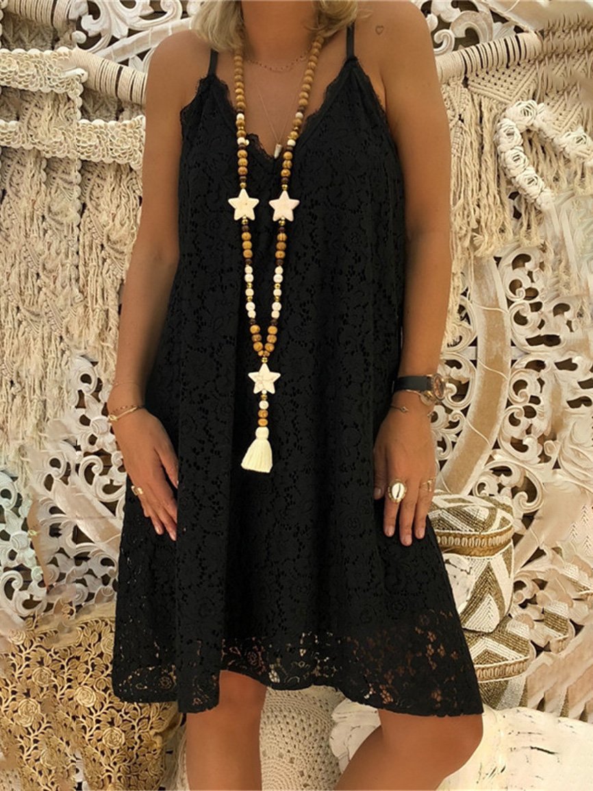 Loose Sleeveless V-Neck Sling Lace Dress - Mini Dresses - INS | Online Fashion Free Shipping Clothing, Dresses, Tops, Shoes - 10-20 - 19/07/2021 - Category_Mini Dresses