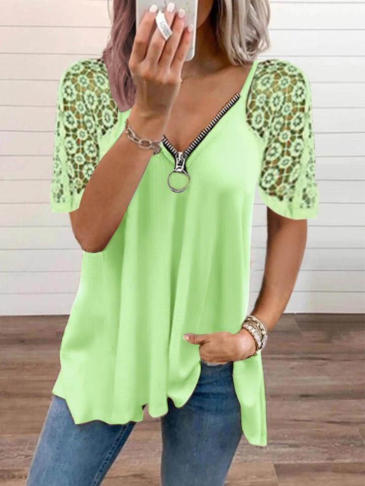 Loose Solid Color Lace Stitching T-shirt - T-shirts - INS | Online Fashion Free Shipping Clothing, Dresses, Tops, Shoes - 03/06/2021 - Color_Blue - Color_Green
