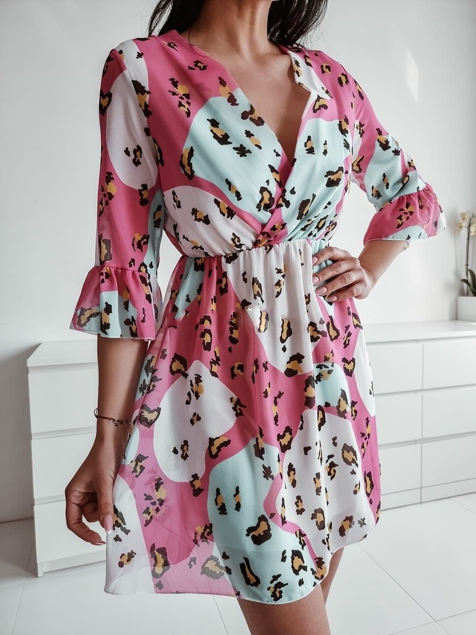 Loose Stitching Middle Sleeve Leopard Print Dress - Mini Dresses - INS | Online Fashion Free Shipping Clothing, Dresses, Tops, Shoes - 20-30 - 22/06/2021 - color-blue