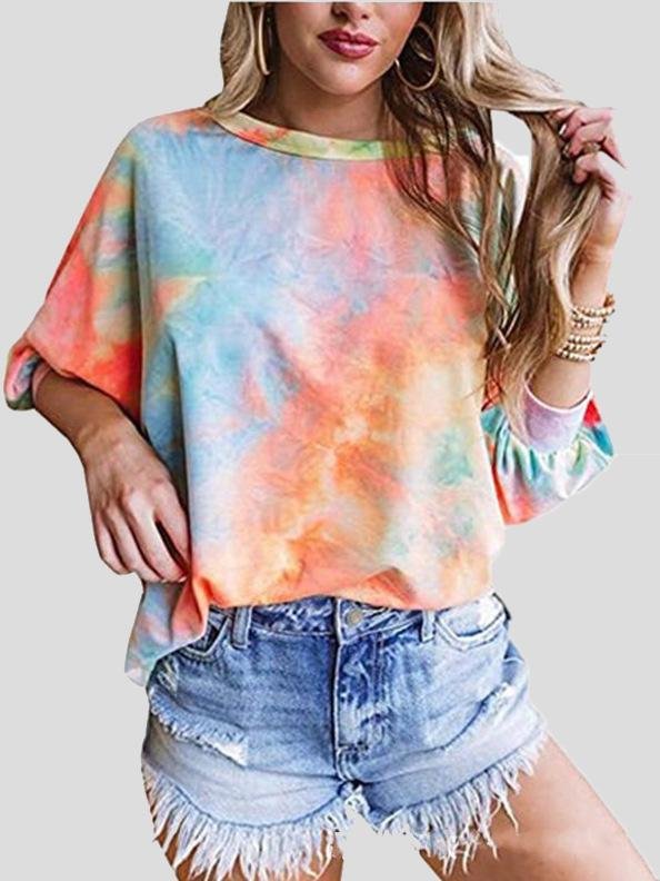 Loose Tie-Dye Round Neck 3/4 Sleeve T-Shirt - T-Shirts - INS | Online Fashion Free Shipping Clothing, Dresses, Tops, Shoes - 10-20 - 17/07/2021 - Category_T-Shirts