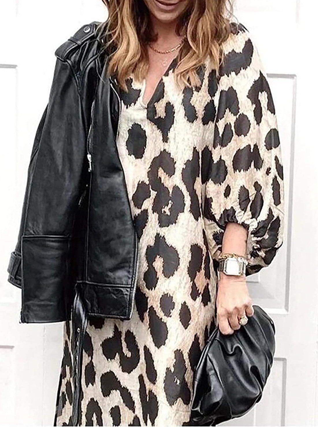 Loose V-Neck Lantern Sleeve Leopard Print Dress - Maxi Dresses - INS | Online Fashion Free Shipping Clothing, Dresses, Tops, Shoes - 14/07/2021 - 20-30 - Category_Maxi Dresses