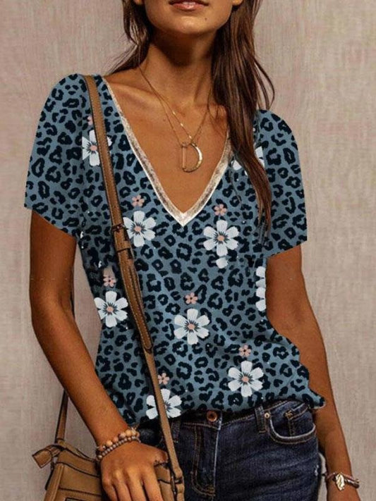 Loose V-neck Leopard PrintT-shirt - T-shirts - INS | Online Fashion Free Shipping Clothing, Dresses, Tops, Shoes - 05/06/2021 - Color_Blue - Color_Gray