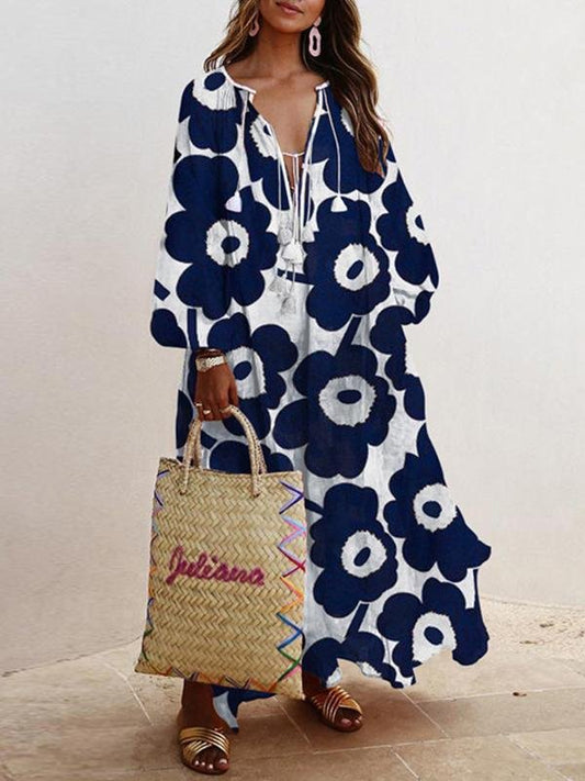 Loose V-Neck Long Sleeve Printed Dress - Maxi Dresses - INS | Online Fashion Free Shipping Clothing, Dresses, Tops, Shoes - 07/07/2021 - 30-40 - Category_Maxi Dresses