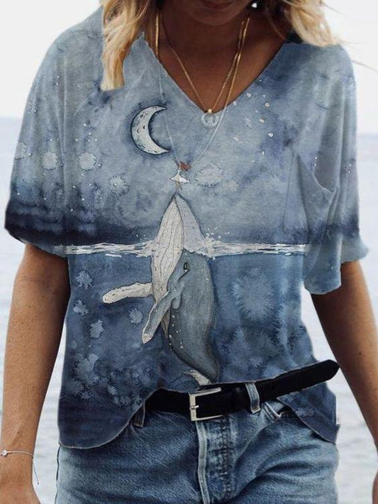 Loose V-neck Printed Short-sleeved T-shirt - T-shirts - INS | Online Fashion Free Shipping Clothing, Dresses, Tops, Shoes - 05/06/2021 - Color_Blue - Color_Gray