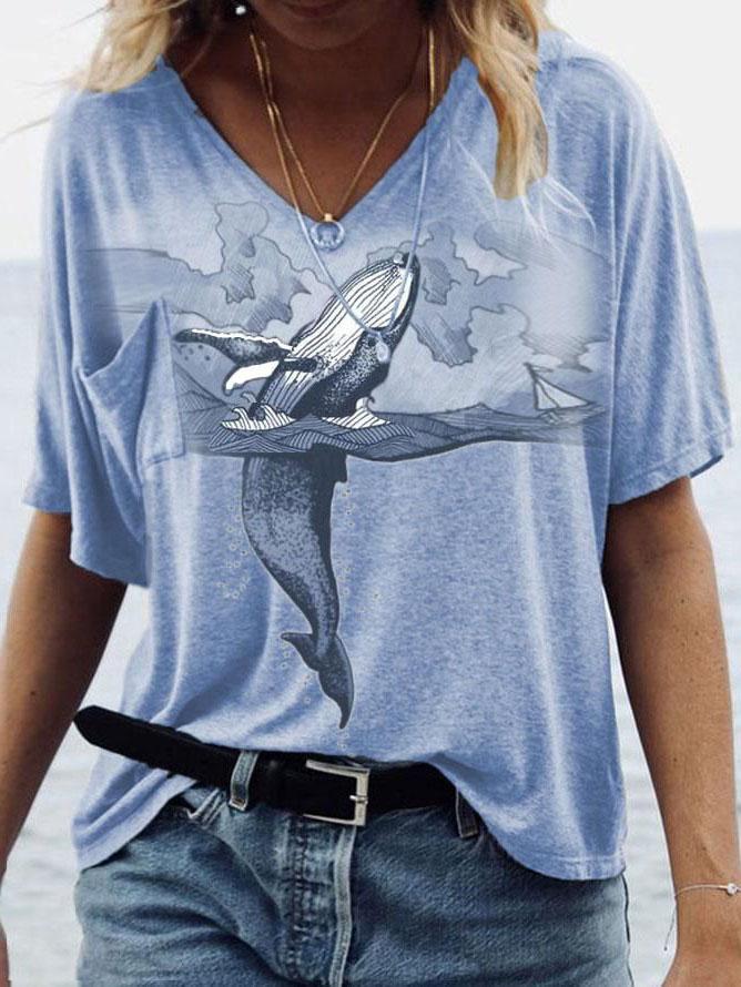 Loose V-neck Printed Short-sleeved T-shirt - T-shirts - INS | Online Fashion Free Shipping Clothing, Dresses, Tops, Shoes - 05/06/2021 - Color_Blue - Color_Gray