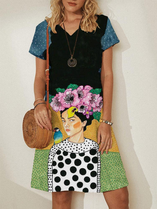 Loose V-neck Pullover Print Dresses - Mini Dresses - INS | Online Fashion Free Shipping Clothing, Dresses, Tops, Shoes - 18/06/2021 - 20-30 - color-green