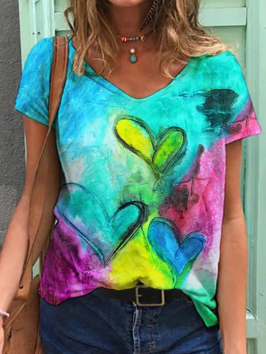 Loose V-neck Short Sleeve T-shirt With Love Print - T-Shirts - INS | Online Fashion Free Shipping Clothing, Dresses, Tops, Shoes - 03/06/2021 - Category_T-Shirts - Color_Multicolor