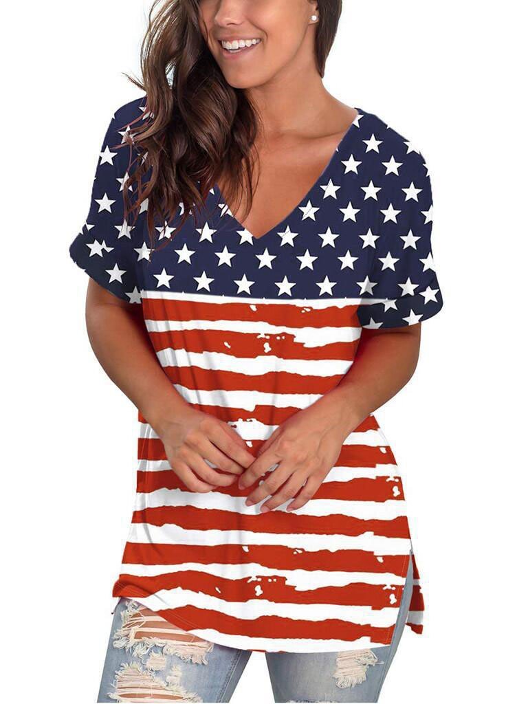 Loose V-neck Stripe Print Short-sleeved T-shirt - T-shirts - INS | Online Fashion Free Shipping Clothing, Dresses, Tops, Shoes - 04/06/2021 - Color_Blue - Color_Red