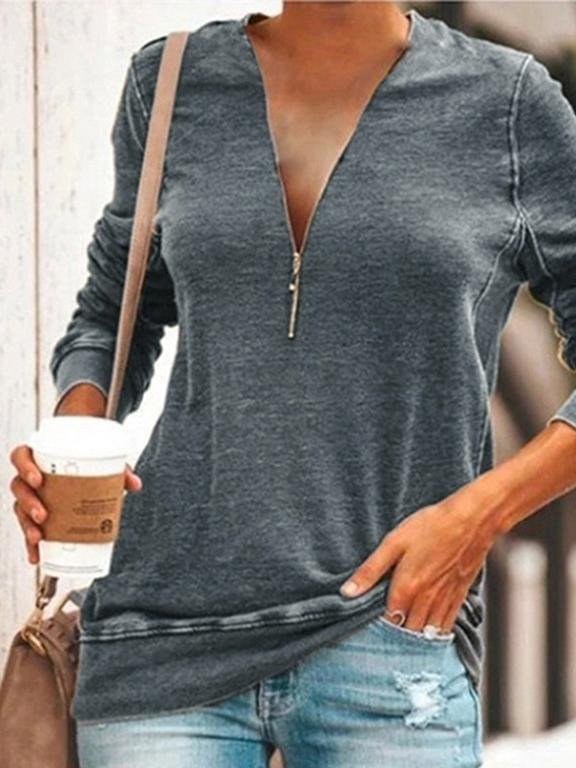 Loose V-neck Zipper Long-sleeved T-shirt - T-shirts - INS | Online Fashion Free Shipping Clothing, Dresses, Tops, Shoes - 20-30 - 21/06/2021 - color-blue