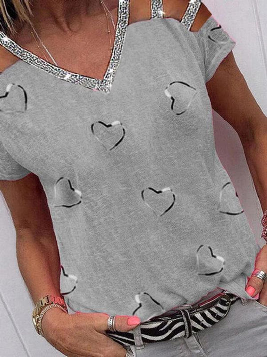 Love Print V-neck Off The Shoulder T-shirt - T-Shirts - INS | Online Fashion Free Shipping Clothing, Dresses, Tops, Shoes - 04/06/2021 - Category_T-Shirts - Color_Blue