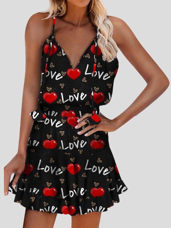 Love Printed V-Neck Sleeveless Sling Wide Loose Dress - Mini Dresses - INS | Online Fashion Free Shipping Clothing, Dresses, Tops, Shoes - 20-30 - 25/06/2021 - Category_Mini Dresses