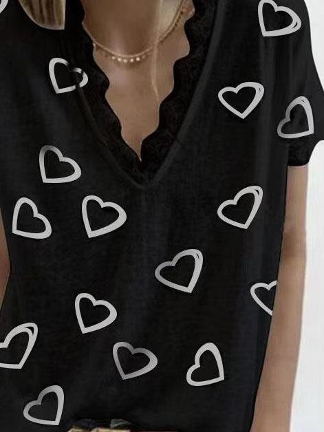 Love Retro Print V-neck Lace Casual T-shirt - T-Shirts - INS | Online Fashion Free Shipping Clothing, Dresses, Tops, Shoes - 04/06/2021 - Category_T-Shirts - Color_Black