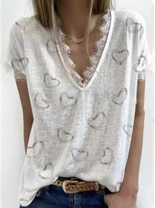 Love Retro Print V-neck Lace Casual T-shirt - T-Shirts - INS | Online Fashion Free Shipping Clothing, Dresses, Tops, Shoes - 04/06/2021 - Category_T-Shirts - Color_Black