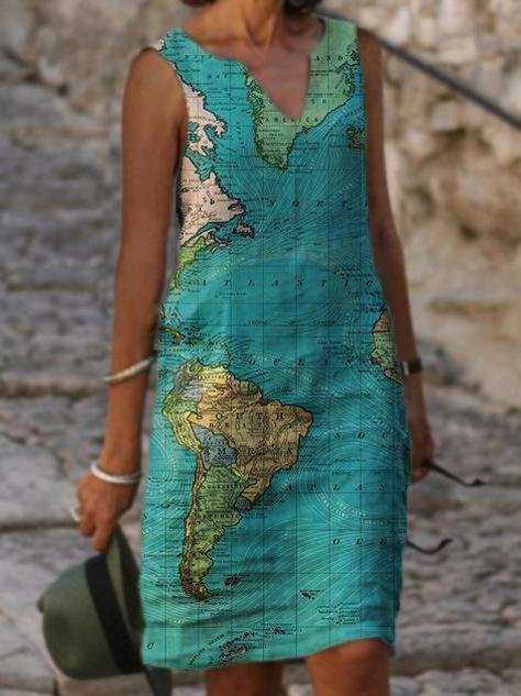Map Print V-neck Sleeveless Casual Dress - Midi Dresses - INS | Online Fashion Free Shipping Clothing, Dresses, Tops, Shoes - 10/06/2021 - Category_Midi Dresses - Color_Blue