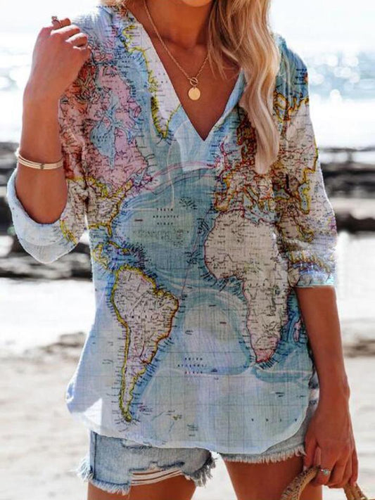 Map Printed V-Neck Casual Long Sleeve Blouses - Blouses - INS | Online Fashion Free Shipping Clothing, Dresses, Tops, Shoes - 20-30 - 21/06/2021 - blouses