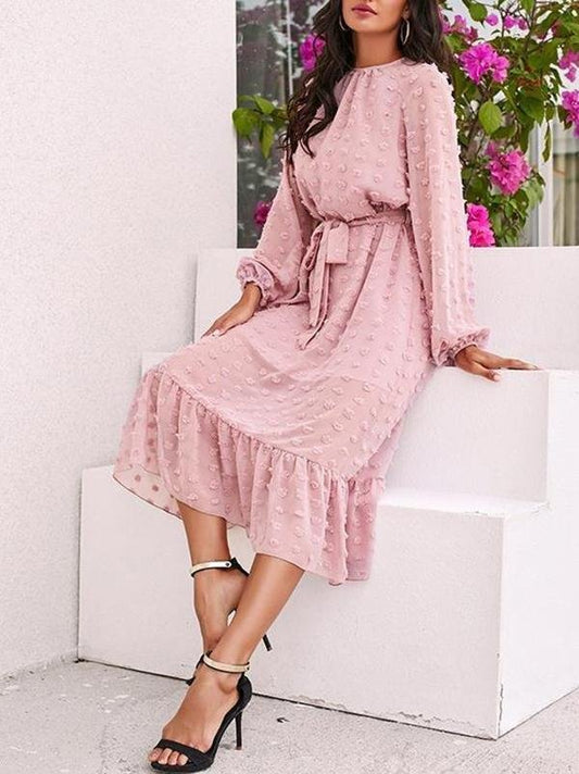 Mesh Round Neck Long Puff Sleeve Solid Color Dress - Dresses - INS | Online Fashion Free Shipping Clothing, Dresses, Tops, Shoes - 18/03/2021 - Color_Pink - Dress