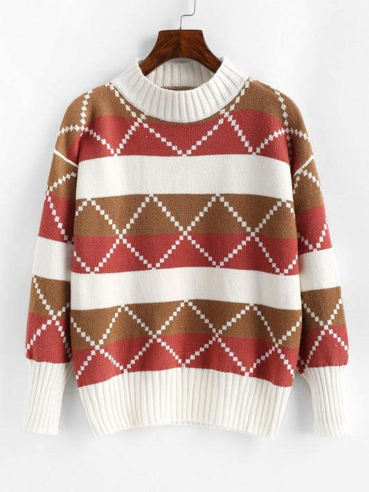 Mock Neck Colorblock Geo Graphic Sweater - Sweaters - INS | Online Fashion Free Shipping Clothing, Dresses, Tops, Shoes - 02/09/2021 - Casual - Color_Pink