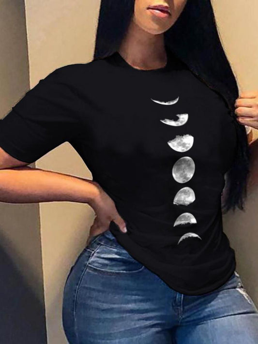 Moon Print Basic Round Neck Women T-shirt - T-shirts - INS | Online Fashion Free Shipping Clothing, Dresses, Tops, Shoes - 26/04/2021 - Color_Black - Season_Summer