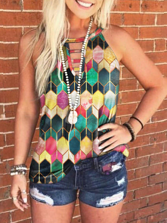 Multicolor Graphic Print Crew Neck Tank Tops - Tanks - INS | Online Fashion Free Shipping Clothing, Dresses, Tops, Shoes - 03/06/2021 - Category_Tanks - Color_Blue