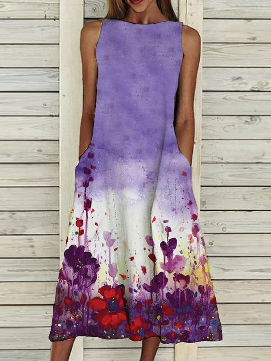 Multicolor Printed Sleeveless Loose Dress - Midi Dresses - INS | Online Fashion Free Shipping Clothing, Dresses, Tops, Shoes - 09/06/2021 - Category_Midi Dresses - Color_Purple