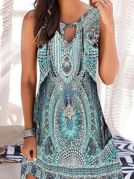 National Hollow Print Sleeveless Dress - Mini Dresses - INS | Online Fashion Free Shipping Clothing, Dresses, Tops, Shoes - 02/06/2021 - Color_Blue - DRE2106021155