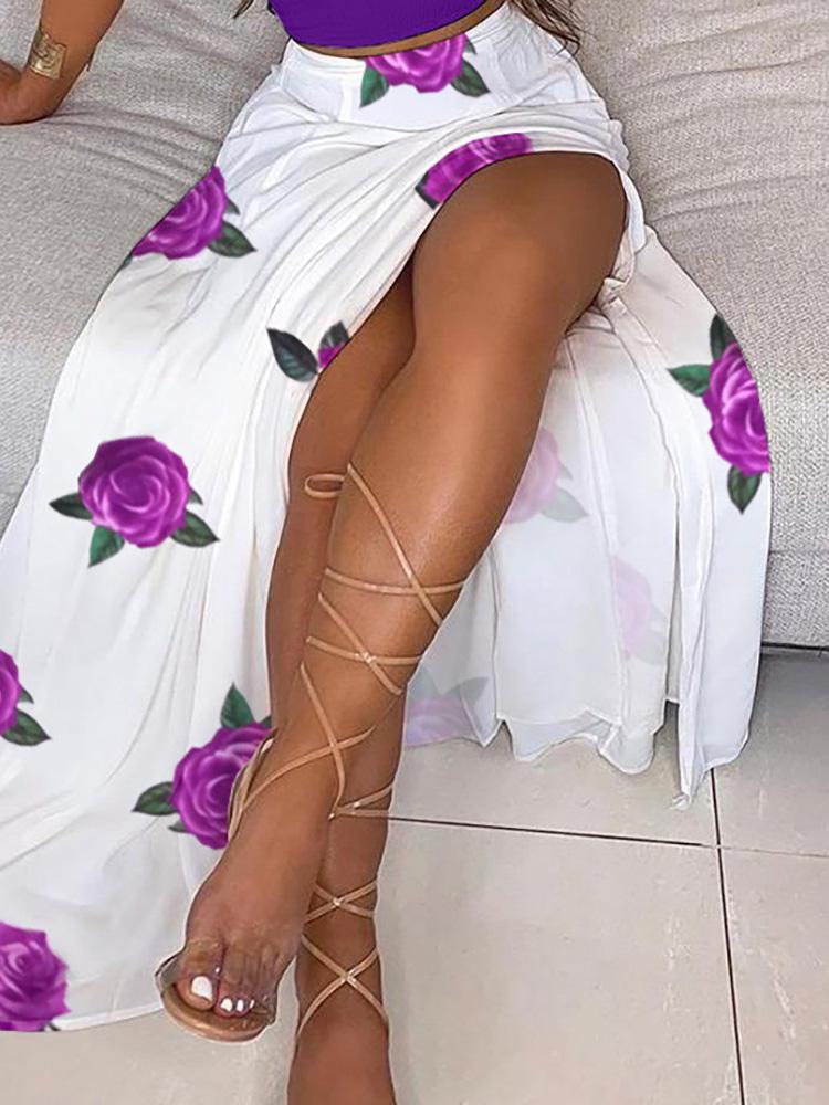 Off Shoulder Crop Top & Floral Print High Slit Skirt Sets - Two-piece Outfits - INS | Online Fashion Free Shipping Clothing, Dresses, Tops, Shoes - 29/04/2021 - Color_Purple - Maxi Dresses