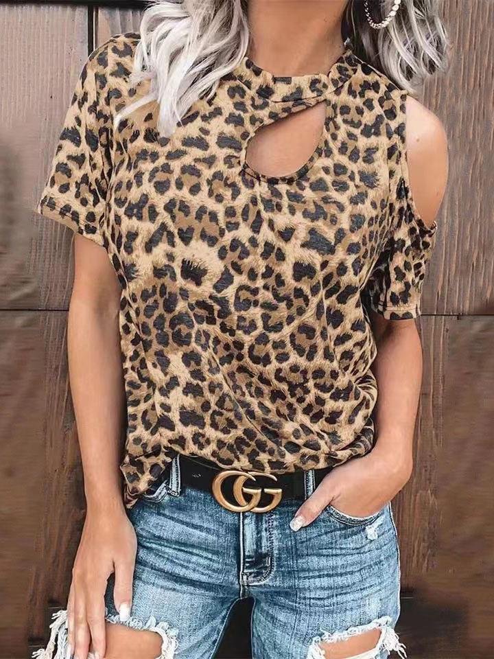 Off-Shoulder Leopard Print Hollow Short Sleeve T-Shirt - T-Shirts - INS | Online Fashion Free Shipping Clothing, Dresses, Tops, Shoes - 10-20 - 12/07/2021 - Category_T-Shirts